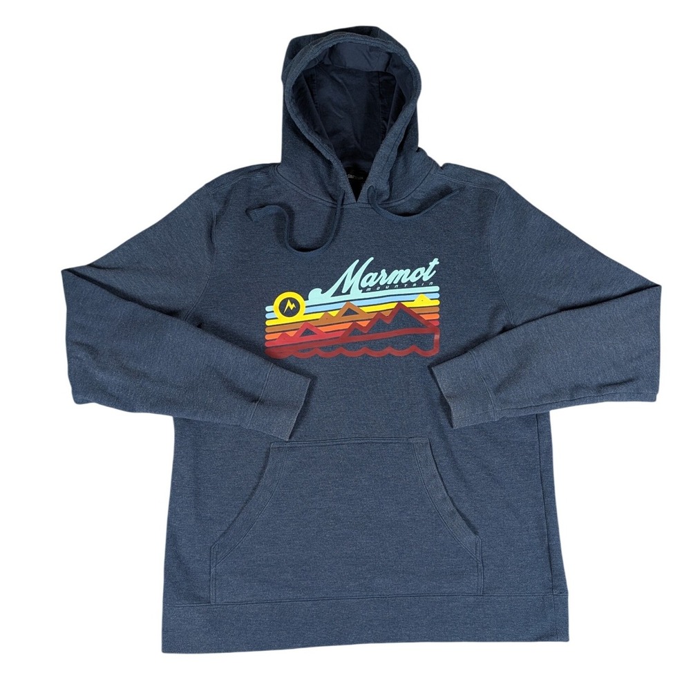 Marmot Mountain Hoodie Mens Large Blue Graphic Retro Outdoor Excellent